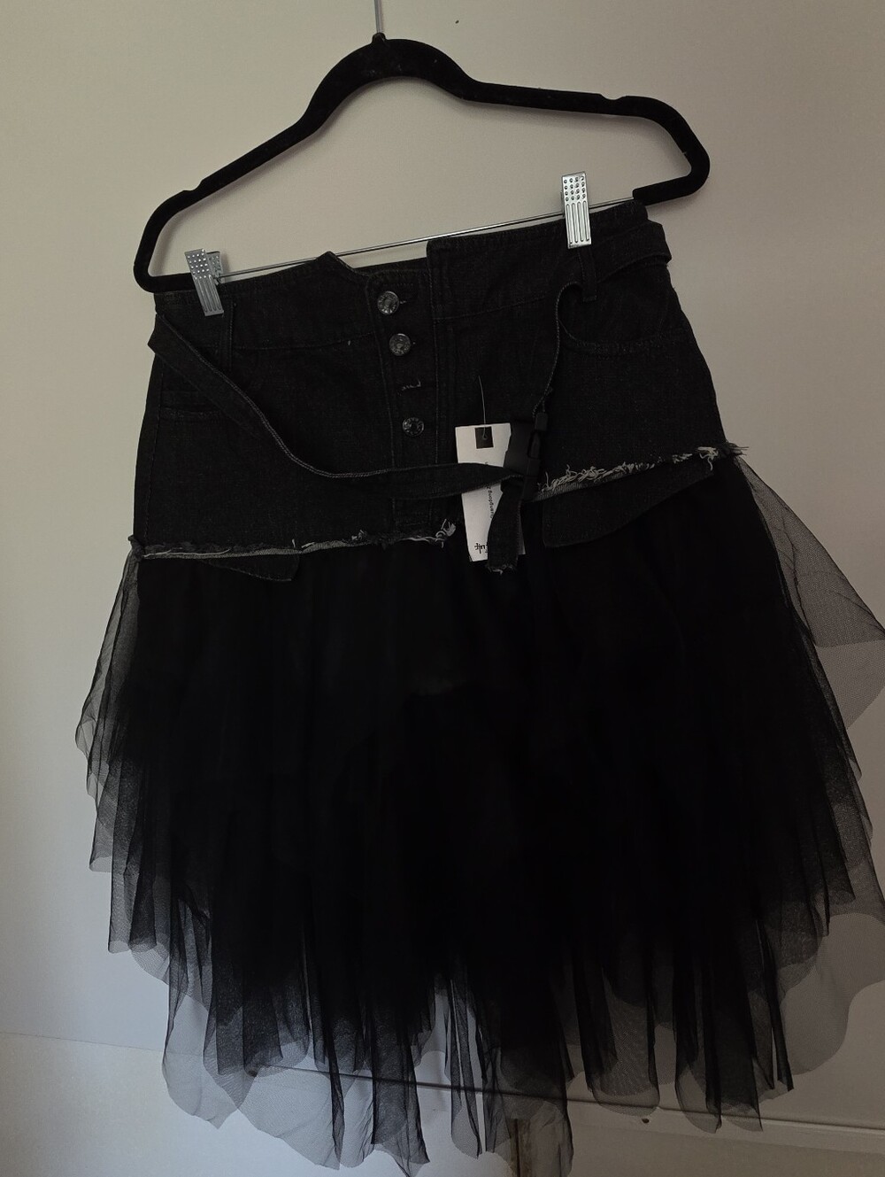 Women Denim Mesh Splice Skirt High Waist Asymmetric Frill Tulle Gothic Chic NWT